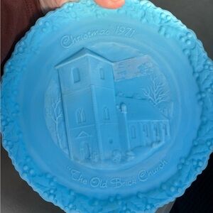 Blue satin Fenton Christmas 1971 Decorative Plate - The Old Brick Church